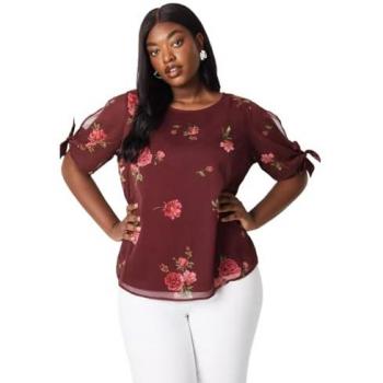 Plus Size Floral Chiffon Tie Sleeve Top