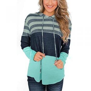 SMENG Damen Trendy Grüner Color Block Hoodie – Spitzen‑Top mit Streifen