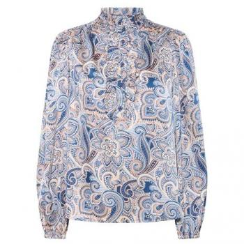 B.young Damen Langarmbluse BYHILLY im blauen Paisley-Mix mit Rüschen und hohem Kragen