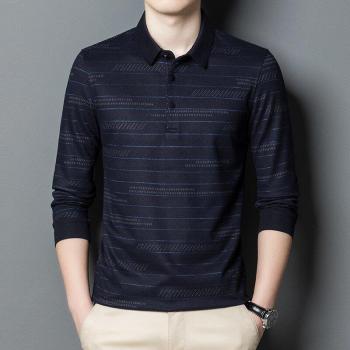 Polo homme luxe à rayures, manches longues, col rabattu, décontracté, 3XL