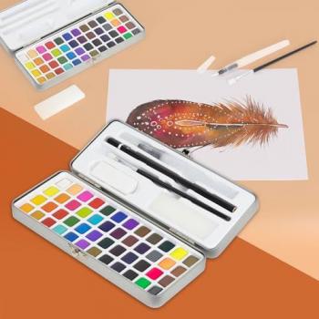 Aquarellfarben Set 48 Farben in tragbarer Metallbox mit Pinsel, Bleistift 2B und Zubehör