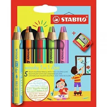 Etui carton STABILO woody 3 en 1 set de 5 crayons de couleur mine bicolore + taille-crayon