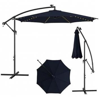 Parasol Jardin Inclinable 3 m – 112 LED – Panneau Solaire – Base Croisée – Verrou de Sécurité – Marine