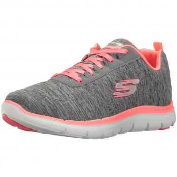 Baskets Basses Femme Skechers Flex Appeal 2, Couleur Grise avec Accent Corail, Pointure Européenne 38