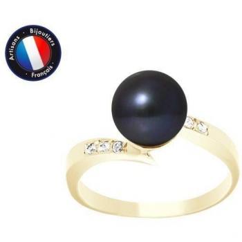 Anillo de Perla Negra Tahití 8-9 mm con Diamante y Oro Amarillo