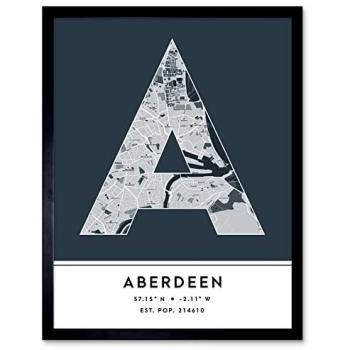 Aberdeen Scotland Map Poster – Contemporary Typography with Framed Navy Letter