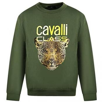 Roberto Cavalli Oliv Pullover mit Leopardenmuster und Logo