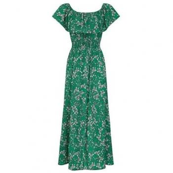 Emerald Blossom Bardot Maxi Dress