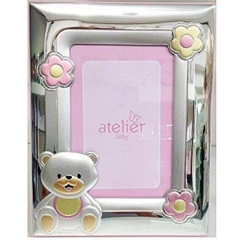 Cornice Neonato Orsetto 13x18 Rosa Legno Argento Bilamina Athelier