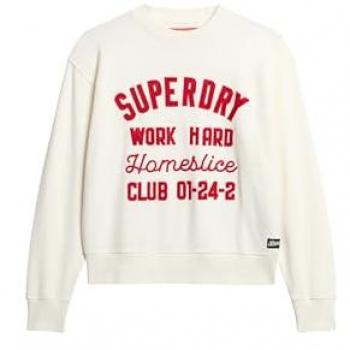 Pull ras du cou ample brodé femme Superdry Crew couleur blanc
