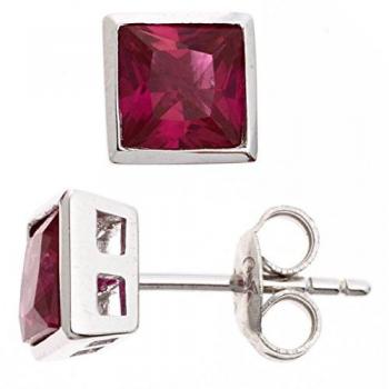 Damen Ohrstecker 925 Sterling Silber quadratisch mit 2 roten Zirkonia