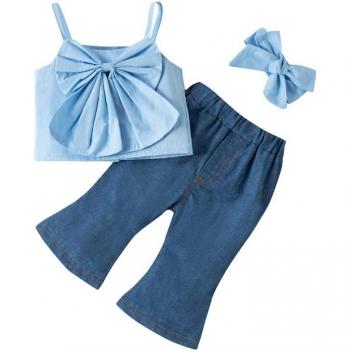 Girls' Three-Piece Clothing Set: Sleeveless Bowknot Vest, Pants & Headband