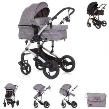 Chipolino Kinderwagen Camea 2 in 1 mit Moskitonetz, Wickeltasche und Getränkehalter hellgrau