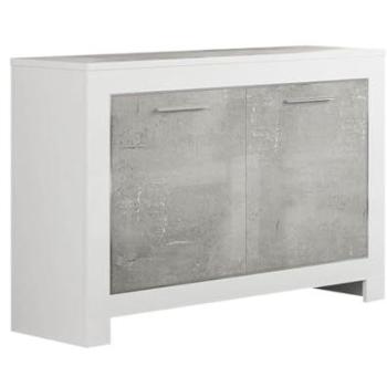 Buffet DENAÉ 112 cm, 2 portes, finition laquée blanche brillante et gris marbré