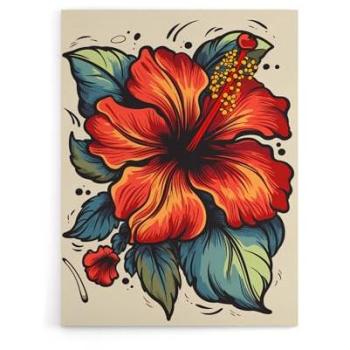 Classic Hibiscus Tattoo Canvas – 24 W x 32 H in Crimson