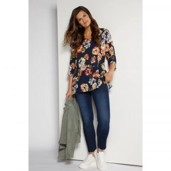 Blusa Crêpe Fiori Svasata, Scollo a V, Maniche 3/4, Donna, Blu, Taglia 64/66, Viscosa