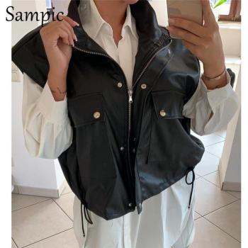 Sampic Autumn Khaki Sleeveless Coat for Women