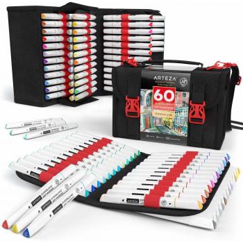 Arteza EverBlend Twinmarker, 60 bunte Marker, Doppelspitzen, 1 Blender Marker, alkoholbasierte Marker, Tragetasche