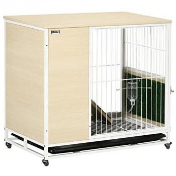 Clapier à lapin Pawhut sur roulettes 2 niveaux avec toit ouvrant et plateau déjection coulissant en acier blanc aspect bois