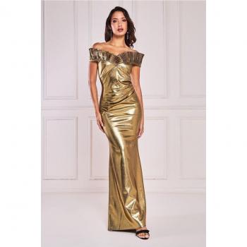 Goddiva Golden Fan‑Pleated Bardot Scuba Maxi