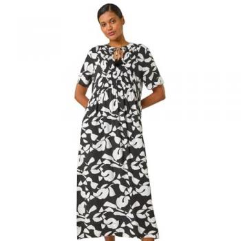 Robe Noire Midi à Imprimé Abstrait et Lien 40