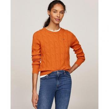 Tommy Hilfiger Damen Strickpullover mit Rundhalsausschnitt und langen Ärmeln, Größe XXL, Regular Fit, Cognac/Orange