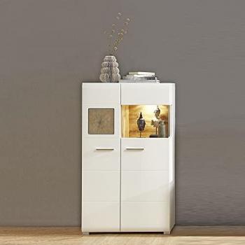 Lomadox Highboard FARO-36, weiß mit Eiche Hirnholz und LED Beleuchtung, Maße: 80/139/37 cm
