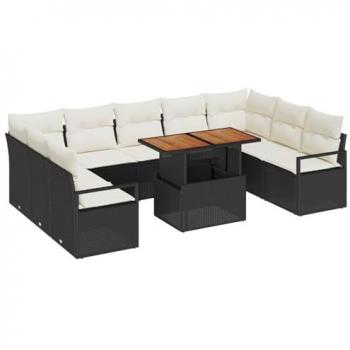 Set di divano da giardino in 10 pezzi con cuscini Nero Rattan Polietilene Acacia