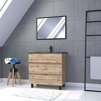 BagnOro 80 – Mobile Aurlane con finitura rovere naturale, 3 cassetti, lavabo nero e specchio timber