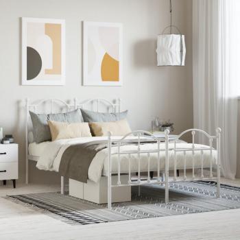 Marco para cama de metal blanco con cabecera y estribo, tamaño 120x190 cm, sin colchón