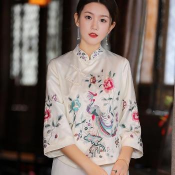 Vintage Hanfu Bluse mit Stehkragen, Chinesische Stickerei, Ethnischer Stil, Frauen Seetang-Anzug, Größe 4XL