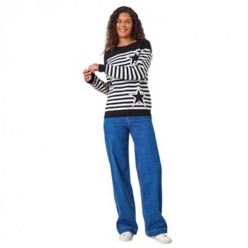 Roman Women’s Star Stripe Crew Neck Knit Jumper – Black, Size 16