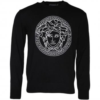 Versace Round-neck Knitwear, male, Black, Size: S Embroidered Crew Neck Sweater