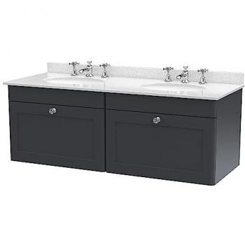 Nuie Classique 2 Drawer Vanity Unit with White Marble Top and 2 Round Basins, Soft Black, 1200mm