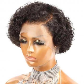 Peluca de cabello humano rizado con corte Bob y Pixie, encaje transparente 13x1 T