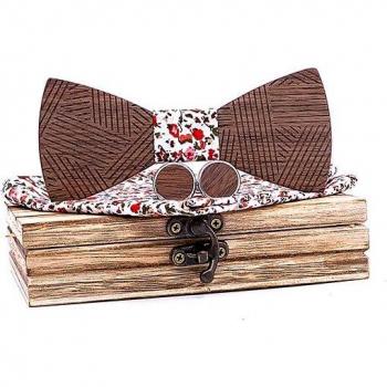 Men's Bow Tie Set with Wooden Cufflinks and Handkerchief