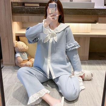 Conjuntos de Pijamas de Mujer, Algodón Azul, Cuello en V, Manga Larga