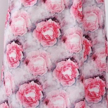 Rose Flower Printed Chiffon Fabric in Soft Pink and Light Gray, 150cm