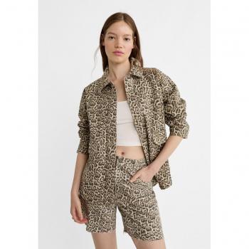 Beige Twill Overshirt with Leopard Print