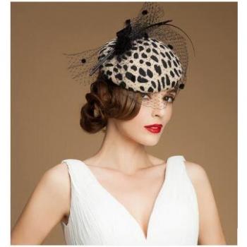 Leopard Grain Color Wool Felt Chapeau with Mesh Bowknot for Women B-1229