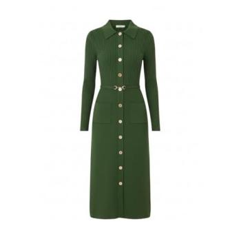Casual Green Ribbed Midi Shirt Dress, Snaggle Belt