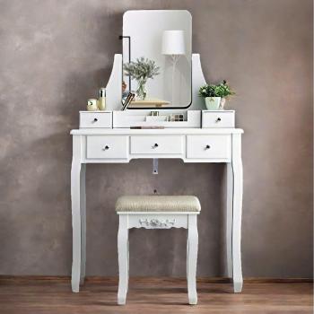 5 Drawer White Dressing Table Set with Mirror and Stool
