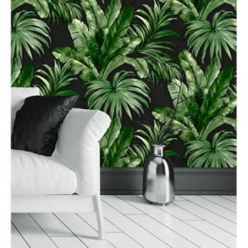 Papel pintado tropical vinílico lavable hojas verde negro textura óleo