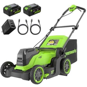 Greenworks MO48L 48V Cordless Rotary Lawnmower, 410 mm – Dual 4Ah Li‑Ion Batteries + Charger Set