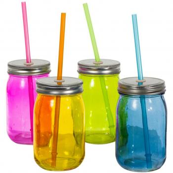 Bunter 4‑Glas‑Trinkset: Wecken, Trinkhalme, Deckel – Für Kinder
