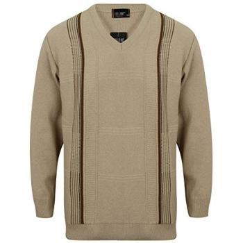 V-Neck Striped Knit Pullover (Beige) – Size S