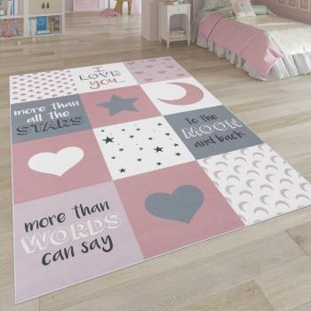 Tapis Enfant Rose Étoiles et Carrés 160x230 cm
