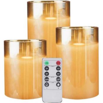 Battery Operated Amber Glass LED Flameless Candles with Remote, 3 Pack
