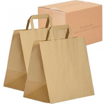 Lot de 100 sacs en papier kraft marron avec poignée plate 260 x 190 x 250 mm 12 Litres 80g/m² non imprimé
