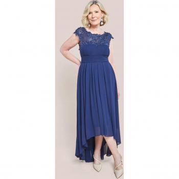 Goddiva Women's Navy High Low Maxi Dress with Crochet and Pleated Top